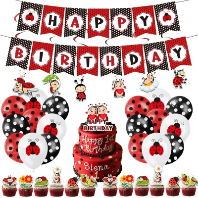 Ladybug Theme Birthday Party Decoration Pulling Flag Latex Balloon Cake Flag Planting Holiday Decoration Sets