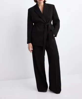 Wholesale Women Two Piece Suit Belted Blazer Loose Trousers Minimalist Office Workwear Custom Clothing Supplier