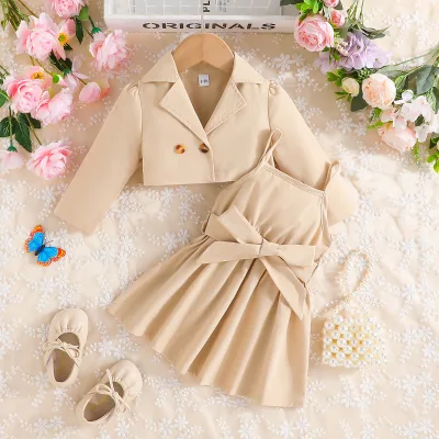 Solid Color Condole Belt Pleated Dress and Long Sleeve Coat Set for Girls Casual Cotton Style Suit for Children
