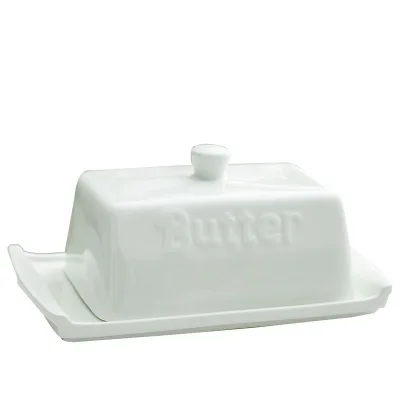 Modern White Porcelain Relief Logo Butter Dish with Cover Rectangle Shape Portable Multifunction for Household & Restaurant Use