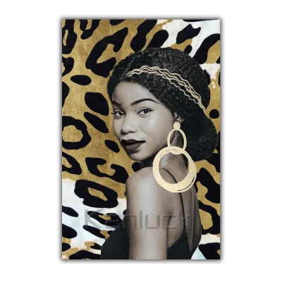 Modern Fashion African Theme Lady Portrait Embellished Square MDF Painting Art Clear Frame Large Gold Foil Hanging Wall Decor