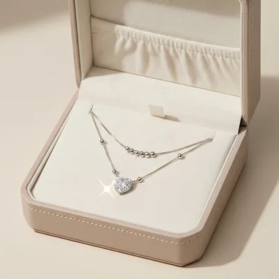 Romantic Trendy Bulk 925 Sterling Silver Promise Jewelry Double Layers Movable Tiny Ball 1carat Heart Shaped Moissanite Necklace