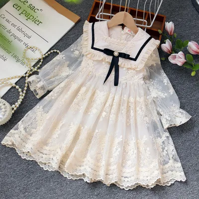 Girls' Casual Solid Pattern Long Sleeve Lace Dress with Bowknot New Baby Girl Fairy Princess Dress