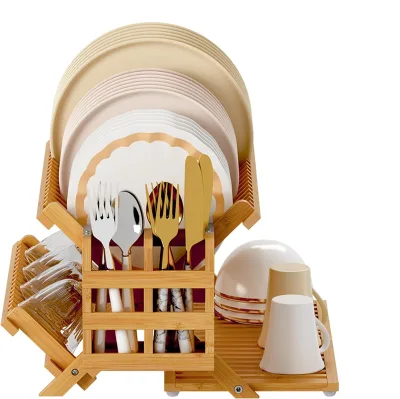3 Tier Collapsible Dish Rack Drainer Drying Storage Tray Bamboo Dish Drying Rack with Utensil Holder