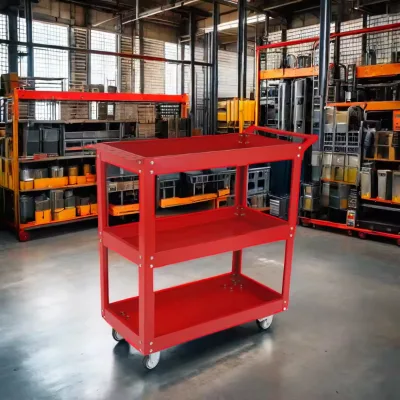 Three-Layer Metal Tool Cart OEM Customizable Stainless Handle Welded Structure for Workshop Storage Steel Material ODM Supported