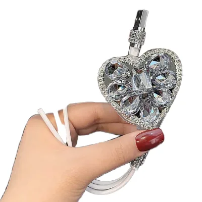 3-in-1 Crystal Heart-Shaped USB Data Cable Fast Charging Mobile Phone Cable Cute Design Gift Girls New Car Interior Use