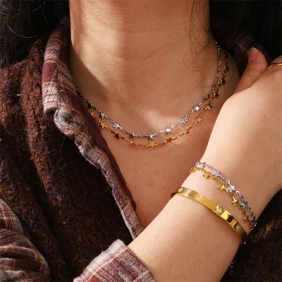Stainless Steel Waterproof Star Link Chain Necklace 18k Gold Plated Fashion Jewelry Bracelet for Women Men Casual