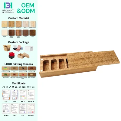 BH Rectangular Pill Box 7 Day Vitamin Case Bamboo Wood Pill Organizer with Magnetic Lid and Natural Finish
