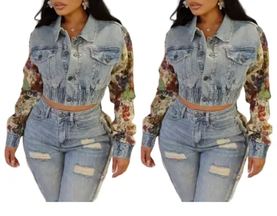 ZHEZHE Patchwork Denim Jacket Women Fashion Lapel Buttons Pocket Ruched Stretchy Coats