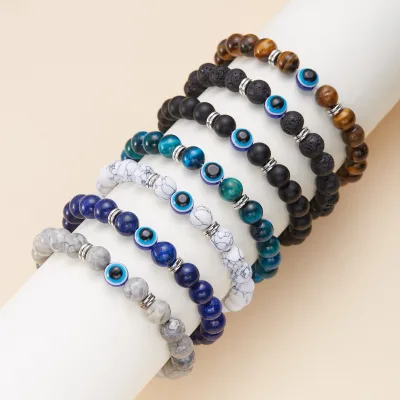 Wholesale Fashion Handmade Gemstone Beads Evil Eyes Stretch Bracelet Natural Stones Turkish Blue Eye Beaded Bracelet Jewelry