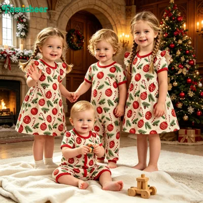 Wholesale Soft Bamboo Viscose Breathable Xmas Girls Dress Infant Zipper Romper Toddler 2Pcs Loungewear Kids Christmas Pajamas