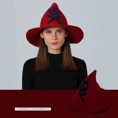 Source Factory Skull Wizard Hat Magic Cosplay Prop Ghost Head Pointed Halloween Hat with Big Brim