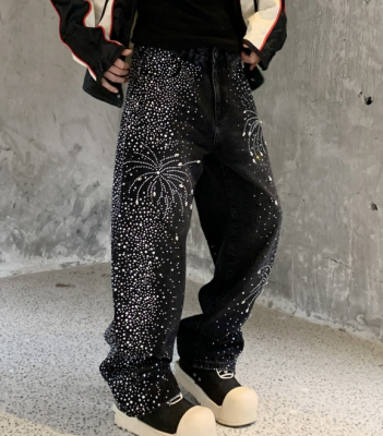 Men's Casual Straight-Cut Glittering Diamond Woven Denim Breathable Jeans