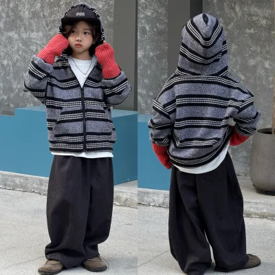 New Winter Boys' Korean-style Striped Fleece-lined Knitted Mid-length Loose Hooded Jacket, Thickened Cardigan