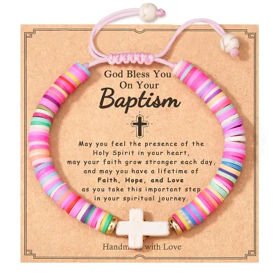 Custom Design Fine Colorful Soft Ceramic Adjustable String Boho Bracelet Handmade Fashion Jewelry Bead Bracelet With Cross