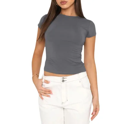 Women T-shirts Casual Short-sleeved T Shirt Summer Solid Color Slim-fit Street Tops Y2K Pullover Tees Crop Tops