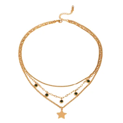 Hot Selling Zircon Star Pendant Necklace Box O Paper Clip Chain Multi Layer Necklaces Stainless Steel Necklace for Women