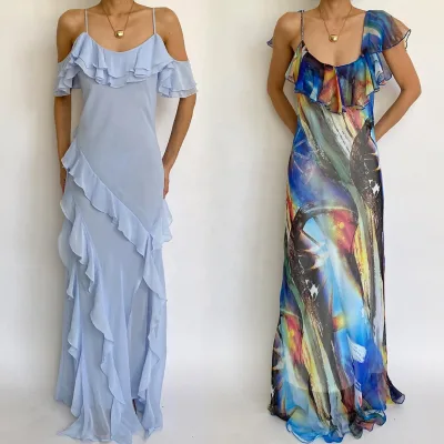Custom Print Tiered Slit Spaghetti Strap Off Shoulder Ruffle Sleeve Chiffon Summer Ladies Long Boho Maxi Casual Dress for Women