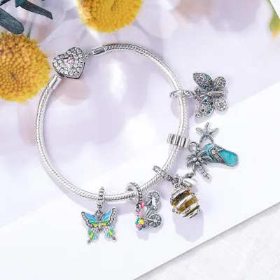 925 Sterling Silver Snake Chain Bracelet for Women Classic 5A Cubic Zirconia Featuring Butterfly Sunflower Heart Charm