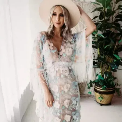 `Plus Size Boho Maternity Gown Tassel Chemical Lace Embroidery Sheer Long Dress For Studio Photoshoot`
