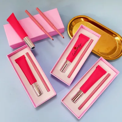 Lip Gloss Set Pink Makeup Gift Private Label Wholesale Hot Selling 2PCS Lip Liner & Lip Gloss with Massage Head Lip Gloss Set