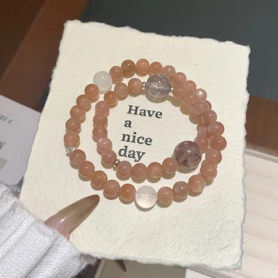 Bracelet made of natural orange moonstone paired with white phantom quartz, crystal clear, natural crystal double-loop bracelet