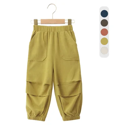 China Online Sale Spring Infant Linen and Rayon Elastic Waistband Pocket Design Chic Children Long Pants