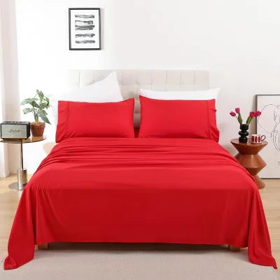 Wholesale Queen Size Extra Deep Pockets Red Color Happy Marriage Polyester Bed Sheet Set