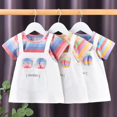 Girls Summer New Style Cotton Thin Short Sleeve A-line Suspender Skirt with Stripes for Small Medium-Sized Children