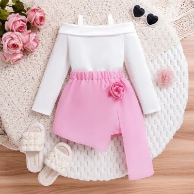 Summer New Girls' Set One Shoulder Strap Long Sleeve+Flower Decorative Design Two Piece Pants Skirt Set