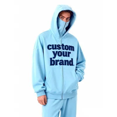 Factory Balaclava Hoodie Streetwear Zip up Polyester/Cotton Hoodies Custom logo 340g Heavyweight High Quality Men's Hoodies