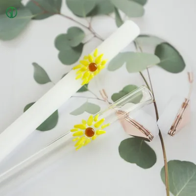 New Arrival Cute Straight Type Drinking Glass Straw Heat-Resistant Clear Colored Reusable Flower Glass Straws