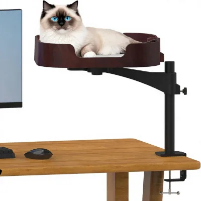 360 Degree Rotating Desk Mounted Cat Perch with Adjustable Arm and Clamp Base Space Saving Wood Cat Bed for Home Office Use