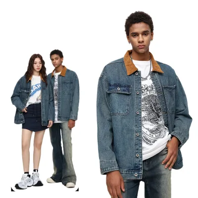 American Style Patchwork Retro Lapel Blue Denim Jacket Men and Women Same Style Loose Couple Casual Jacket Denim Jacket