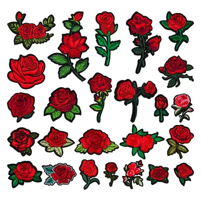 24PCS Red Rose Embroidered Iron-On Patches Vintage Floral Appliqués for Clothes, Bags & DIY Crafts