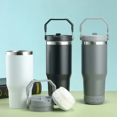 Custom 20oz Reusable Stainless Steel Outdoor Travel Mug 20oz Insulated Flip Straw Lid Speaker Cups with Bottom Wireless Speaker