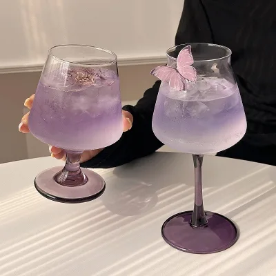 Purple Stemmed Glass Goblet Clear Cocktail Wine Glass Cup Creative High Footed Water Tumbler for Home Bar Party Wedding