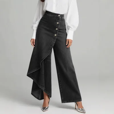 S-3XL Wholesale Womens Loose Long-Swing Solid-Color Casual Jeans Mid Waist Button-Down Decorate Washed Denim Pants