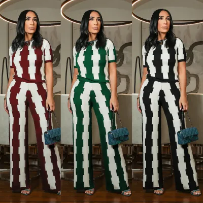 S11007 Elegant Slim Elastic Wide Leg Printed Two-Piece Set Casual Summer XL Size Top Shorts Digital Printed Solid Women's