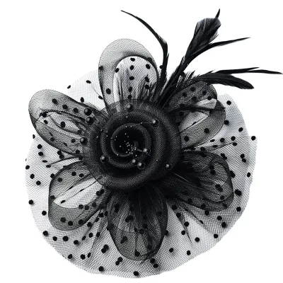 Women's Vintage Tulle Flower Fascinator with Feather, Pearl Accents, for Derby, Tea Party, Bridal Wedding & Cocktail Party