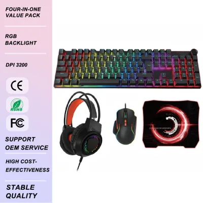 4 Piece RGB Gaming Bundle USB Wired Keyboard Mouse Headset Mouse Pad Combo for PC Laptop Gamer Wholesale Complete Accessory Sets