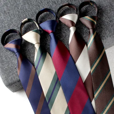 Retro Casual Striped Men's No-Knot Zipper Tie 8 cm Brown Beige Khaki Formal Business