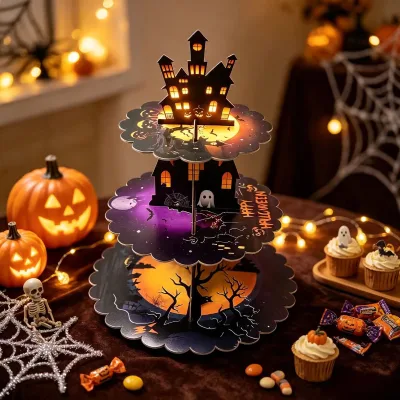 Cartoon Halloween Design Eco-friendly Three-Tier Paper Cake Stand for Dessert Display and Party Decorations