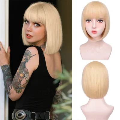 Color Cosplay Wig Fashionable Short 8inch Hair Glueless Straigh Cheap Bob Wig High Temperature Silk Synthetic Wig for Women