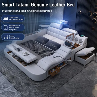 Antnovelty Multifunctional Intelligent Bed with 8K Projector, Bluetooth Speaker & Storage | Modern Leather Double Bed