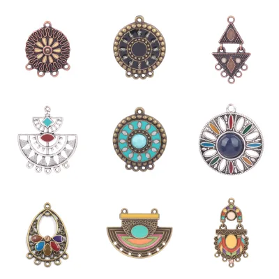6pcs Women's Ethnic Tribal Geometric Charms Crystal Rhinestone Enamel Inlaid Alloy Pendants Multiple Loops DIY Bohemian Jewelry