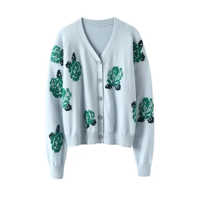 Custom Clothes for Kids Flower Pattern Jacquard Sweater Wool Blend Long Sleeve V Neck Loose Cardigan Girl Kids Sweater