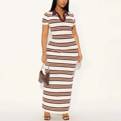 Wholesale Women Clothing Summer Dresses Custom Logo High Quality Cotton Jersey White Striped Long Maxi T-shirt Dress OEM ODM