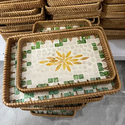 Handmade Rectangle Fruit Bread Storage Tray Decor Woven Wicker Basket Serving Inlay Nacre Mother Pearl Rattan Tray