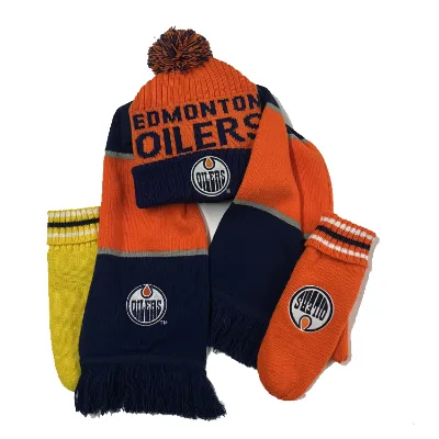 OEM Promotional Customized Acrylic Knitted Football Fan Soccer Scarf Winter Scarf Knitting Scarves Winter Hat Gloves Set